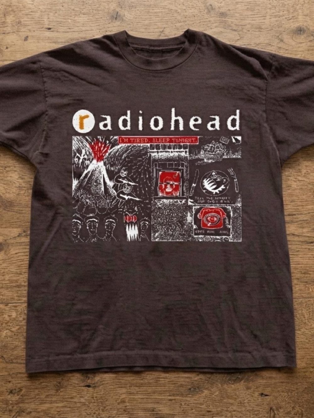 Gildan Radiohead Brown Short Sleeve Tee with White & Red Graphic